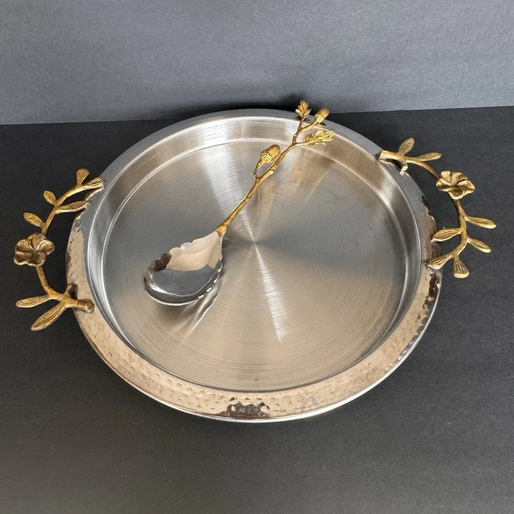 Stunning Hammered Stainless Steel Serving Tray & Serving Spoon ~ Brass Flowers